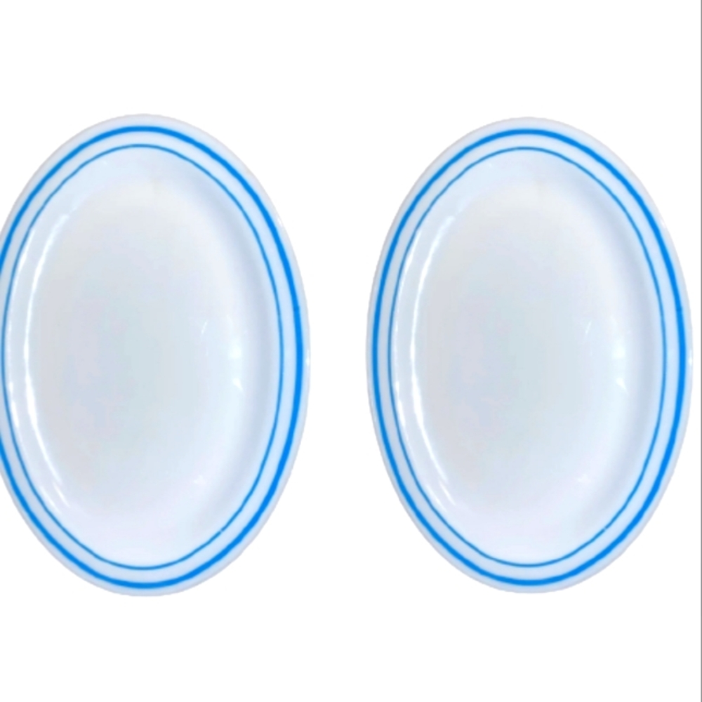 2 Pyrex Blue White Oval Dish Platter
